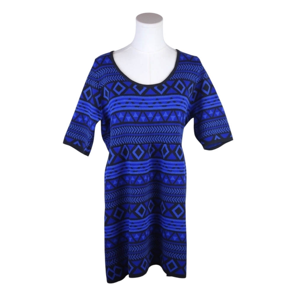 T/O Sweater Knit Dress XL Blue Black Geometric Tribal Boho Y2K Fit & Flare
